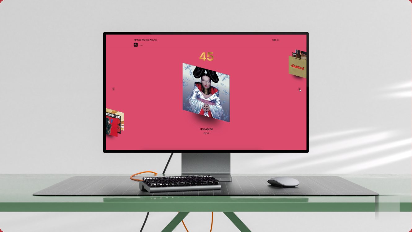 Apple Music’s 100 Best Albums — the countdown on a desktop display, album 45 in front.