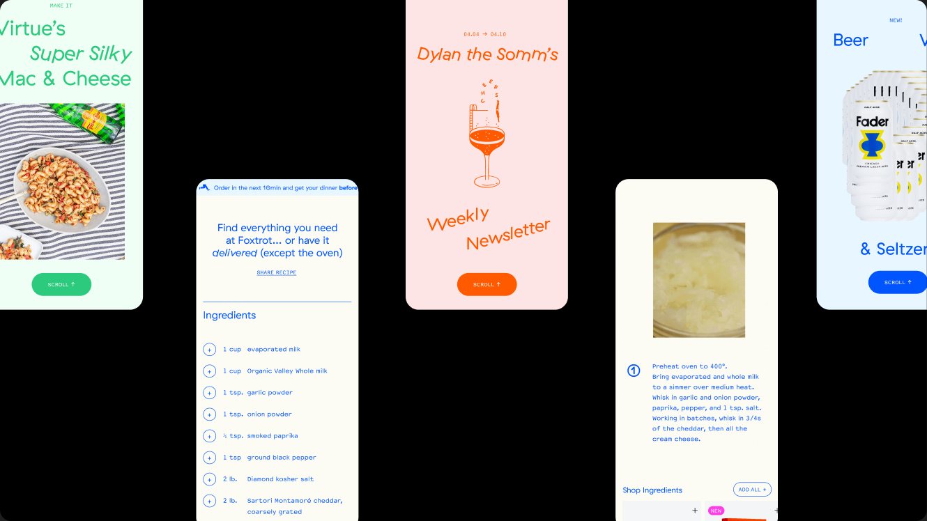 Foxtrot product and recipe screens on black.