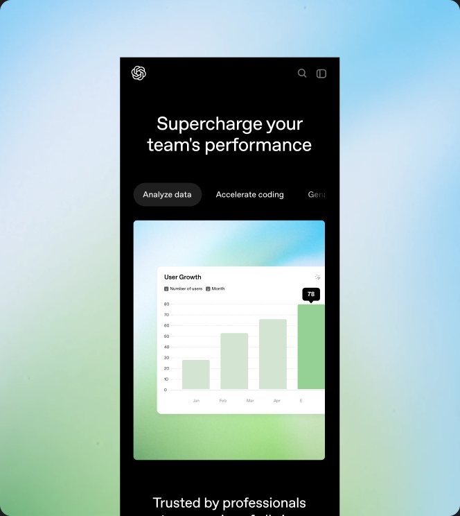 ChatGPT Enterprise page on mobile — “Supercharge your team’s performance.”