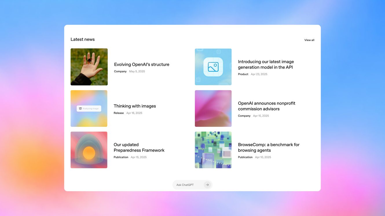A Latest news module on a blue gradient — research, product and company stories with thumbnails.