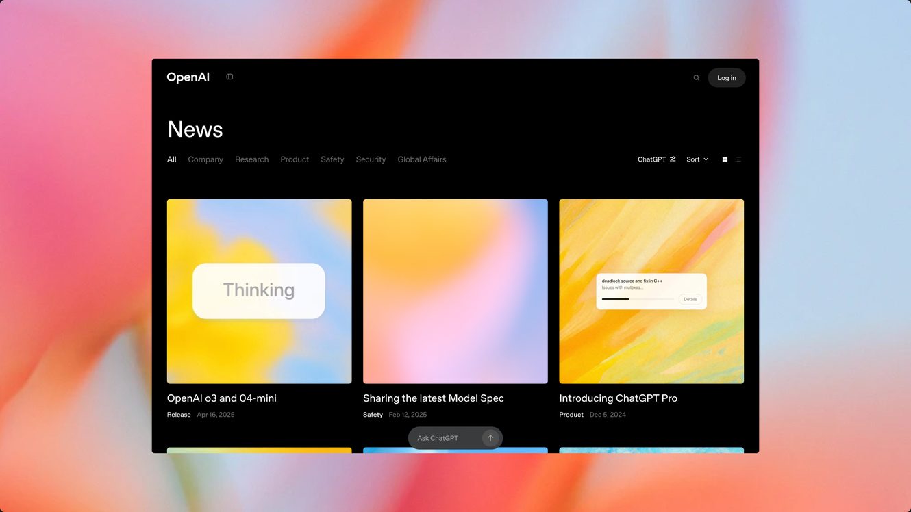 The OpenAI News page in dark mode, with filters and featured story cards.