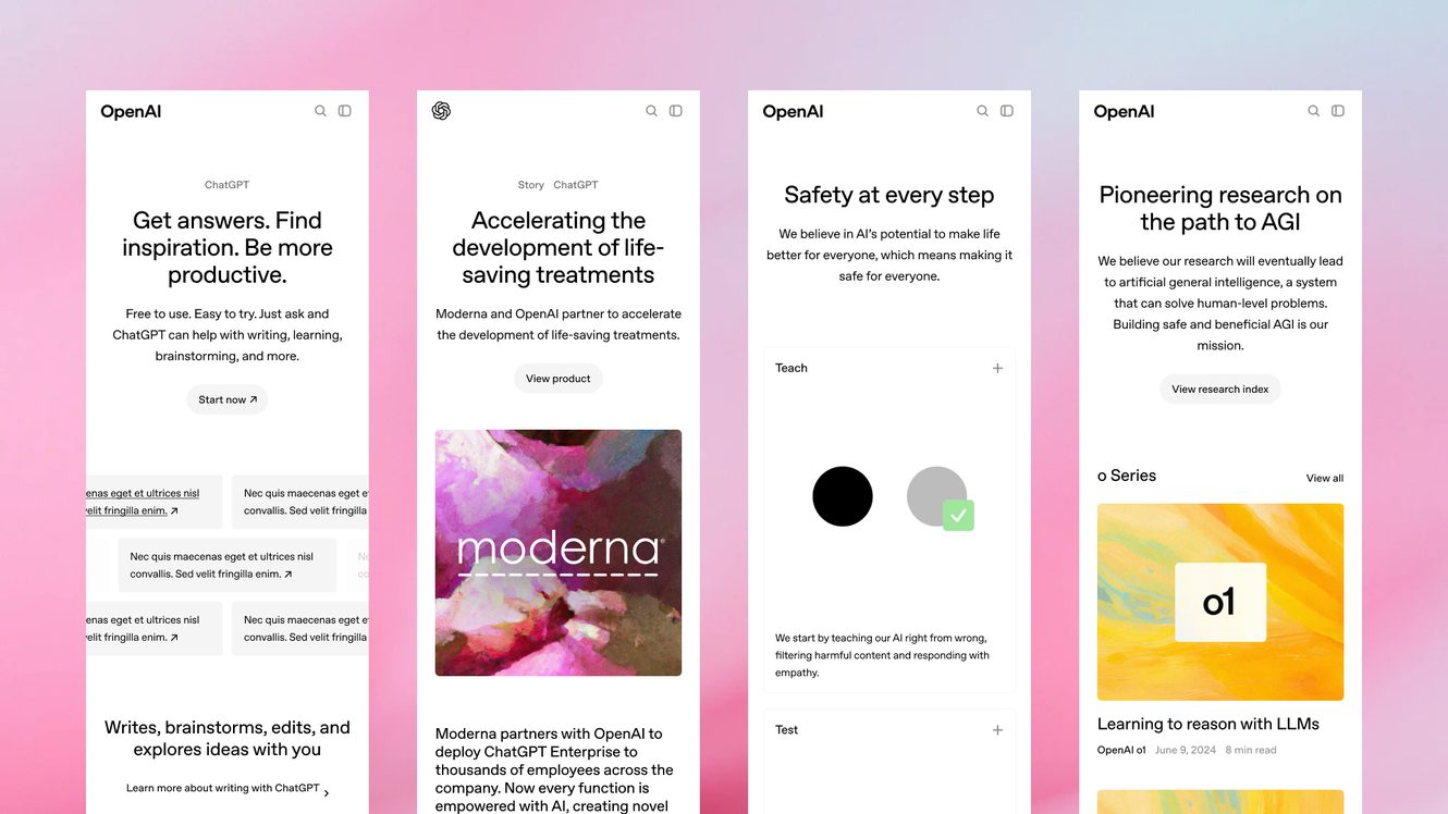 Four OpenAI.com pages on mobile over a pink gradient — home, a customer story, safety and research.