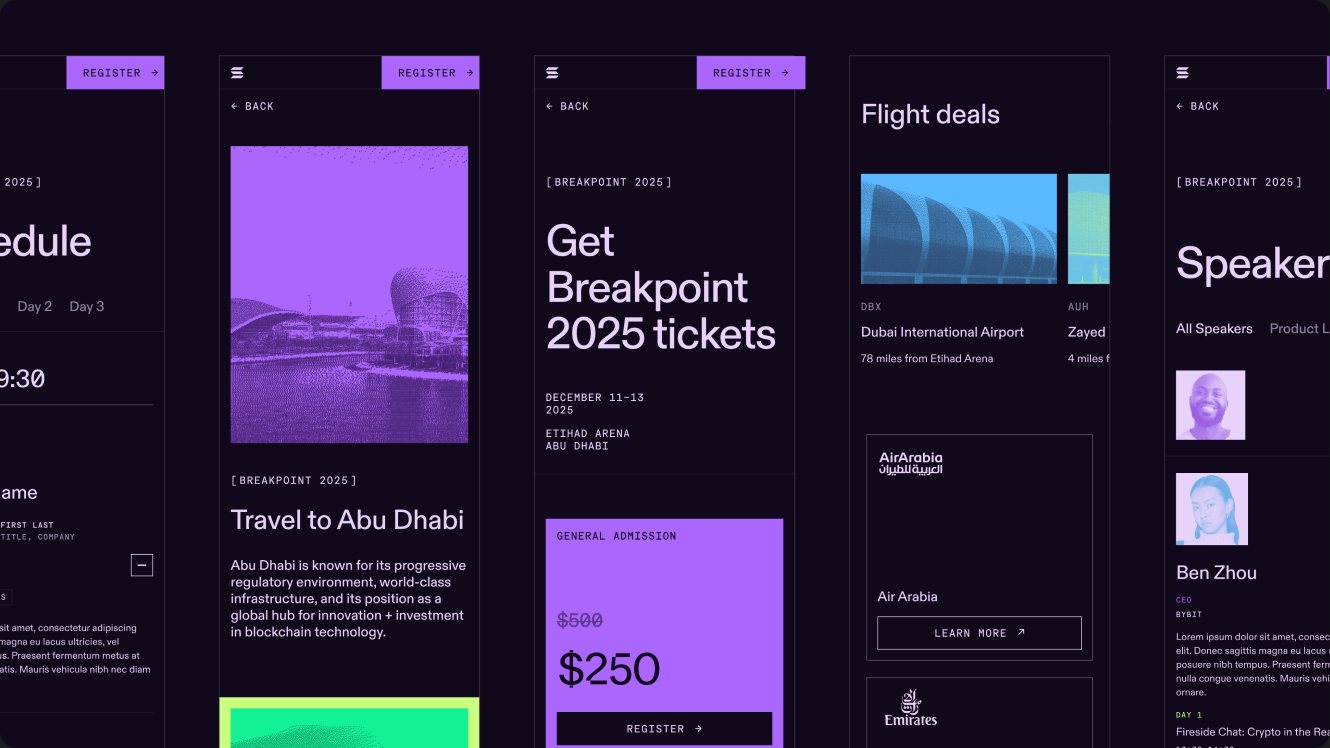 Breakpoint website screens — agenda, tickets and travel.